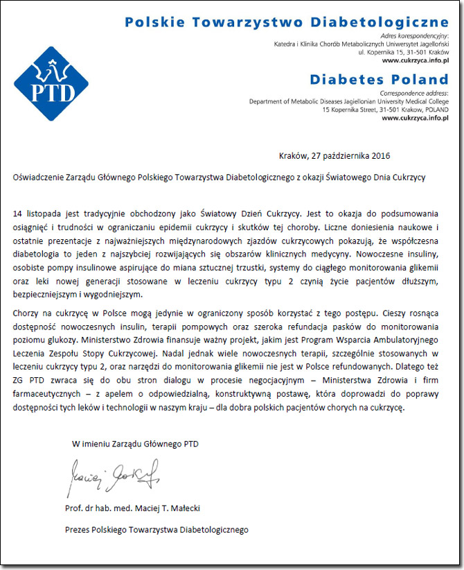 List Polskiego Towarzystwa Diabetologicznego z okazji wiatowego Dnia Cukrzycy